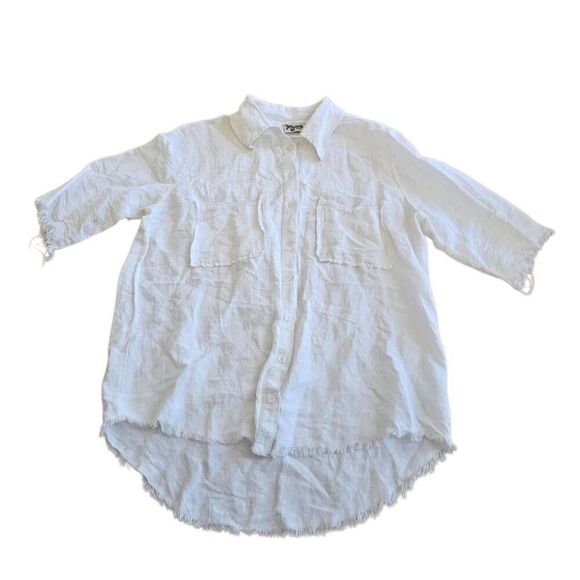 Show me your Mumu womens Sz S white linen blend raw hem button down top - Picture 3 of 7